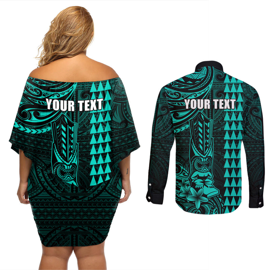 Personalized Hawaii Hauoli Makahiki Hou Couples Matching Off Shoulder Short Dress and Long Sleeve Button Shirts Lono Hawaiian God Kakau Polynesian Tribal Turquoise LT05 - Polynesian Pride