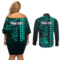 Personalized Hawaii Hauoli Makahiki Hou Couples Matching Off Shoulder Short Dress and Long Sleeve Button Shirts Lono Hawaiian God Kakau Polynesian Tribal Turquoise LT05 - Polynesian Pride