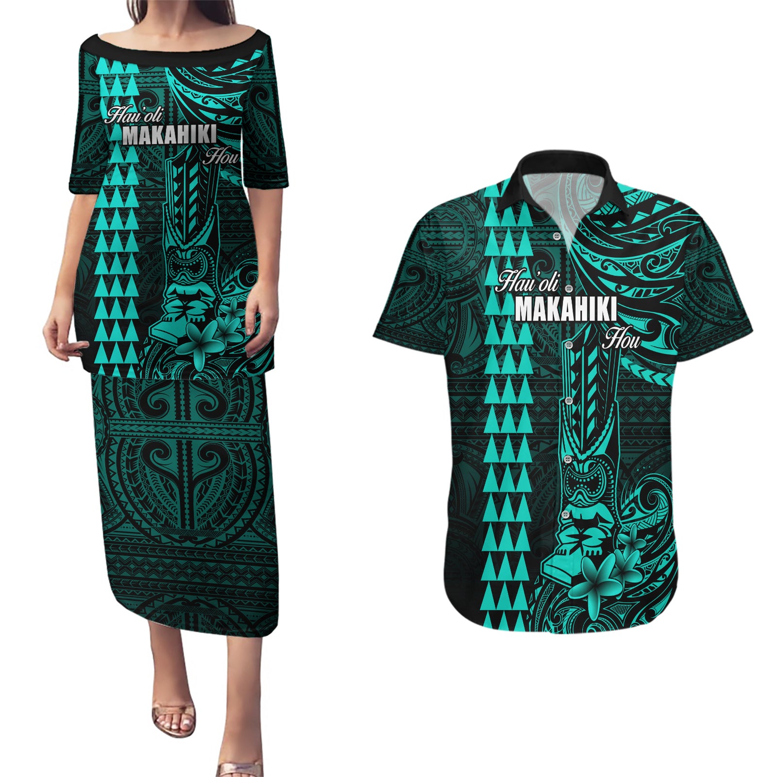 Personalized Hawaii Hauoli Makahiki Hou Couples Matching Puletasi Dress and Hawaiian Shirt Lono Hawaiian God Kakau Polynesian Tribal Turquoise LT05 Turquoise - Polynesian Pride