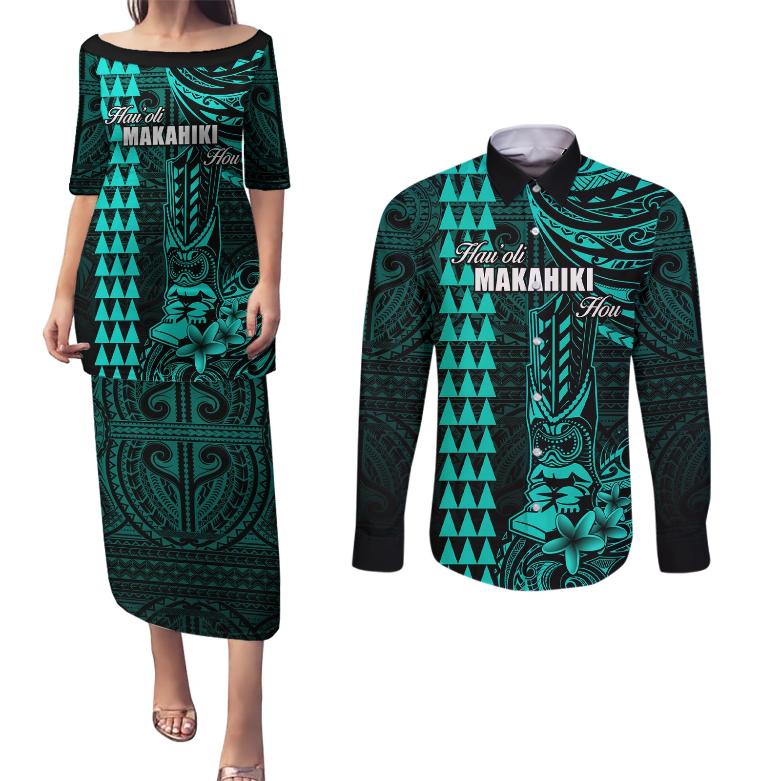 Personalized Hawaii Hauoli Makahiki Hou Couples Matching Puletasi Dress and Long Sleeve Button Shirts Lono Hawaiian God Kakau Polynesian Tribal Turquoise LT05 Turquoise - Polynesian Pride