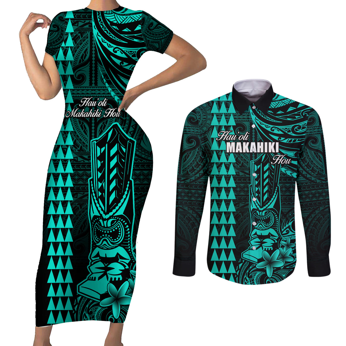 Personalized Hawaii Hauoli Makahiki Hou Couples Matching Short Sleeve Bodycon Dress and Long Sleeve Button Shirts Lono Hawaiian God Kakau Polynesian Tribal Turquoise LT05 Turquoise - Polynesian Pride