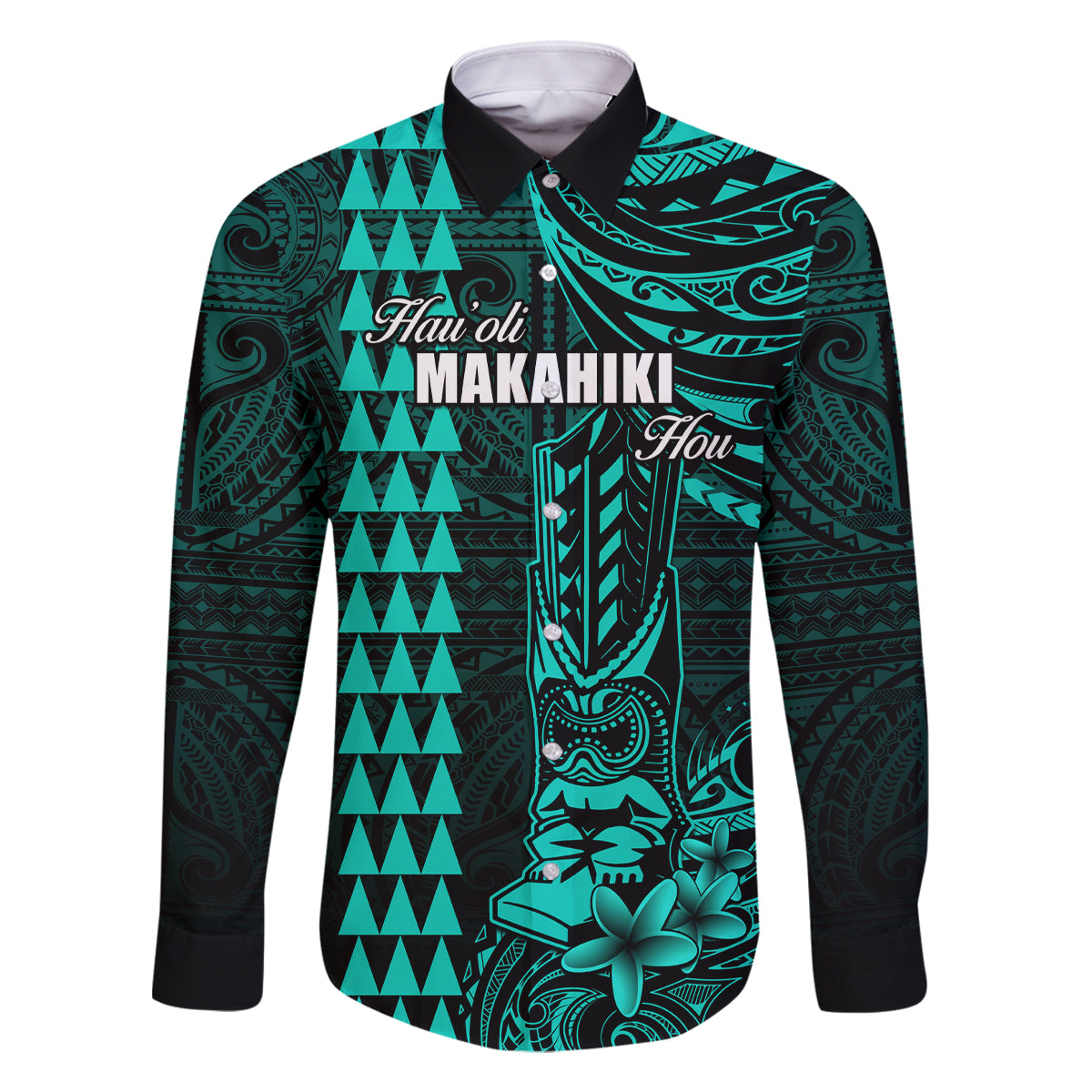 Personalized Hawaii Hauoli Makahiki Hou Family Matching Off Shoulder Maxi Dress and Hawaiian Shirt Lono Hawaiian God Kakau Polynesian Tribal Turquoise LT05 Dad's Shirt - Long Sleeve Turquoise - Polynesian Pride