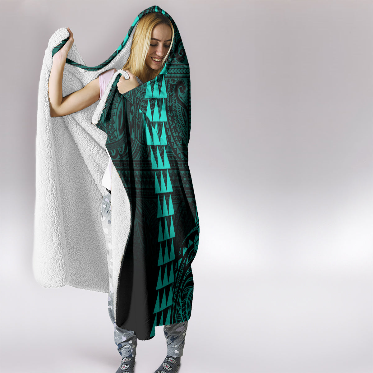 Hawaii Hauoli Makahiki Hou Hooded Blanket Lono Hawaiian God Kakau Polynesian Tribal Turquoise LT05 - Polynesian Pride