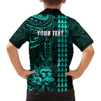 Personalized Hawaii Hauoli Makahiki Hou Kid Hawaiian Shirt Lono Hawaiian God Kakau Polynesian Tribal Turquoise LT05 - Polynesian Pride