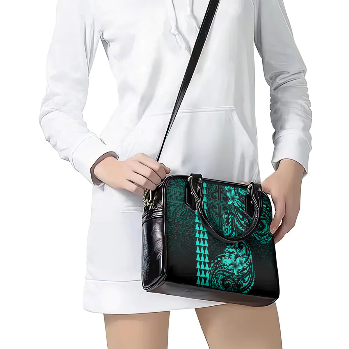 Hawaii Hauoli Makahiki Hou Shoulder Handbag Lono Hawaiian God Kakau Polynesian Tribal Turquoise LT05 - Polynesian Pride