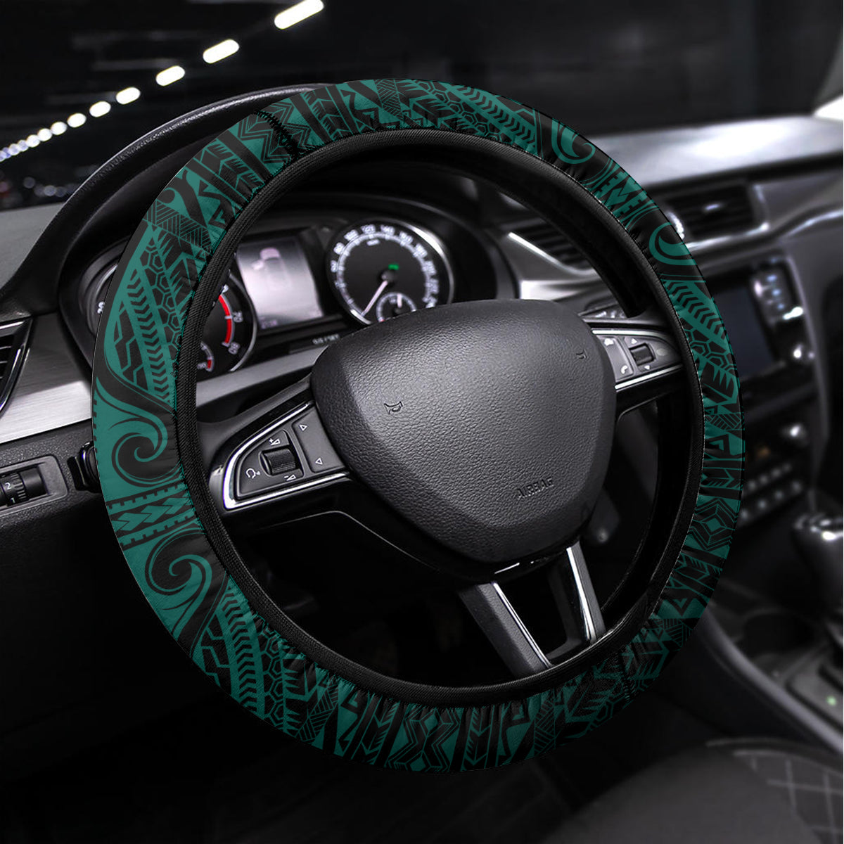 Hawaii Hauoli Makahiki Hou Steering Wheel Cover Lono Hawaiian God Kakau Polynesian Tribal Turquoise LT05 Universal Fit Turquoise - Polynesian Pride