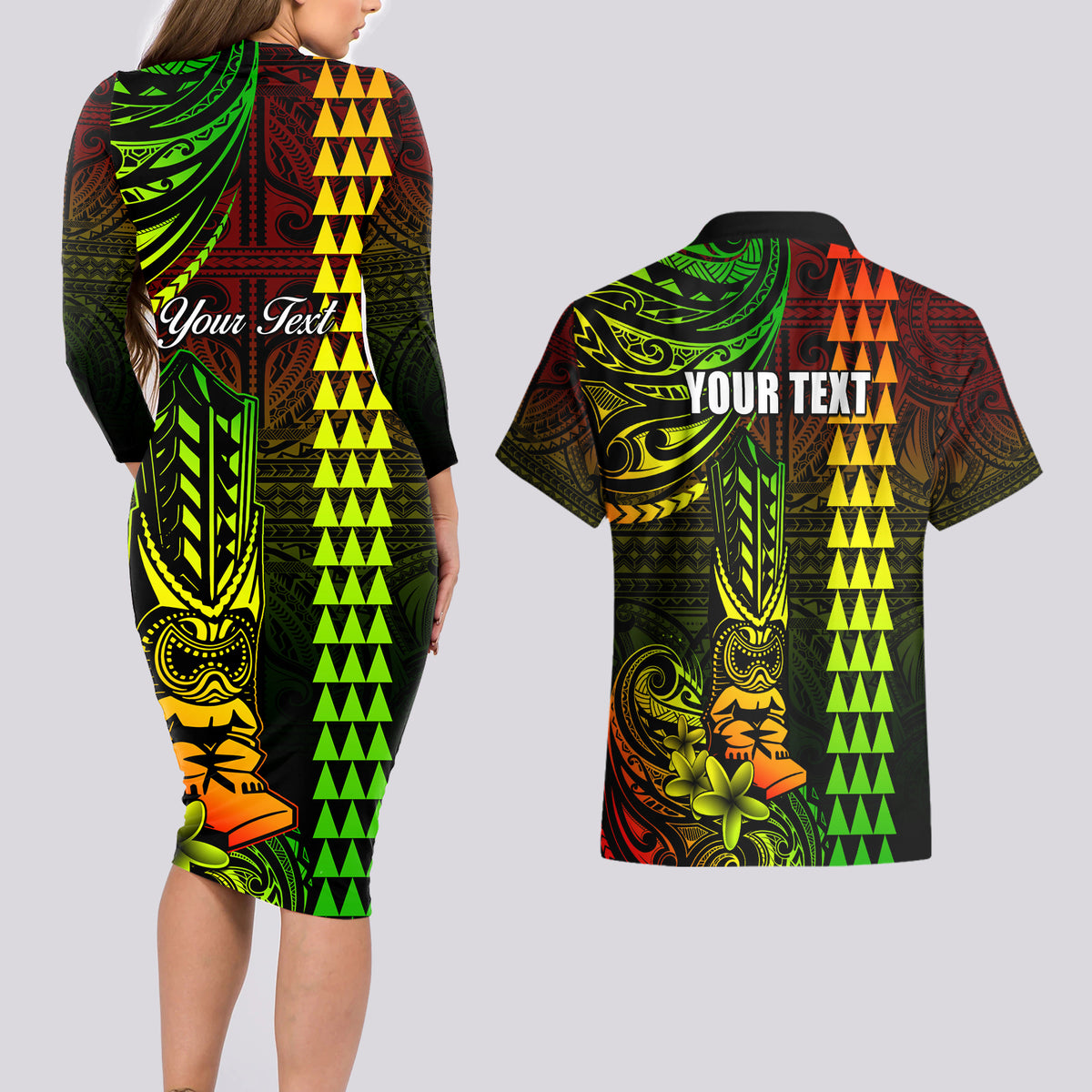 Personalized Hawaii Hauoli Makahiki Hou Couples Matching Long Sleeve Bodycon Dress and Hawaiian Shirt Lono Hawaiian God Kakau Polynesian Tribal Reggae LT05 - Polynesian Pride
