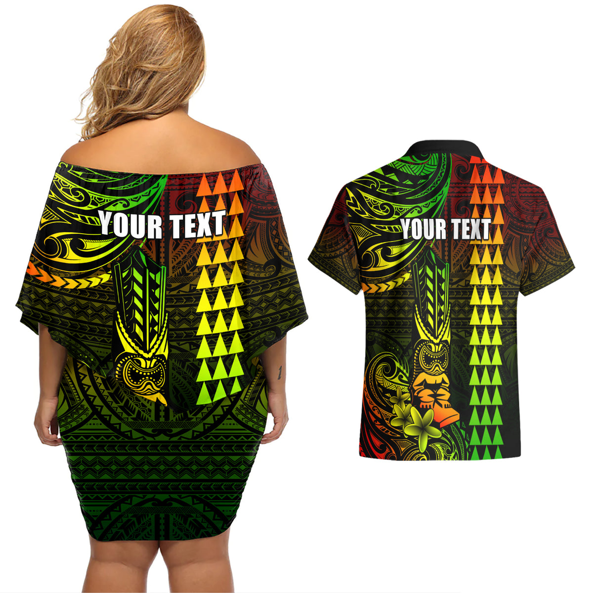 Personalized Hawaii Hauoli Makahiki Hou Couples Matching Off Shoulder Short Dress and Hawaiian Shirt Lono Hawaiian God Kakau Polynesian Tribal Reggae LT05 - Polynesian Pride