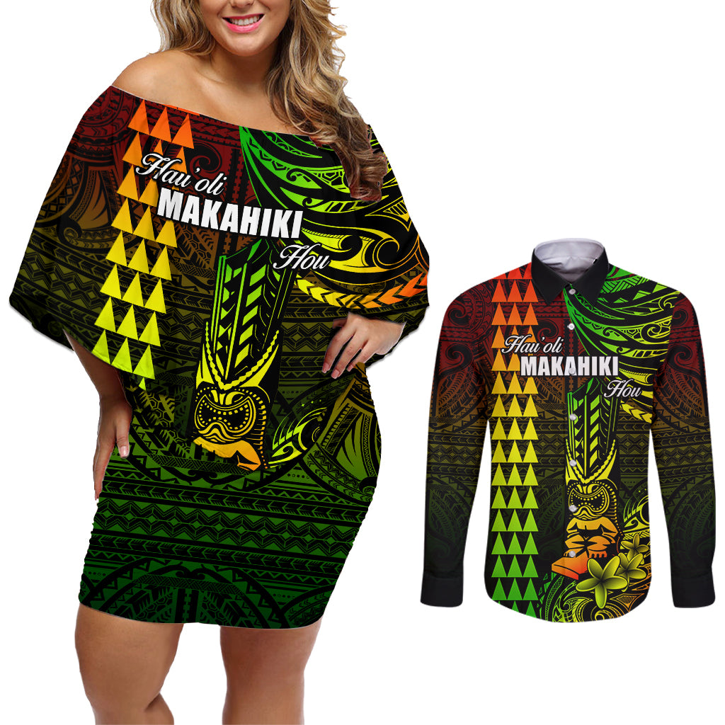 Personalized Hawaii Hauoli Makahiki Hou Couples Matching Off Shoulder Short Dress and Long Sleeve Button Shirts Lono Hawaiian God Kakau Polynesian Tribal Reggae LT05 Reggae - Polynesian Pride