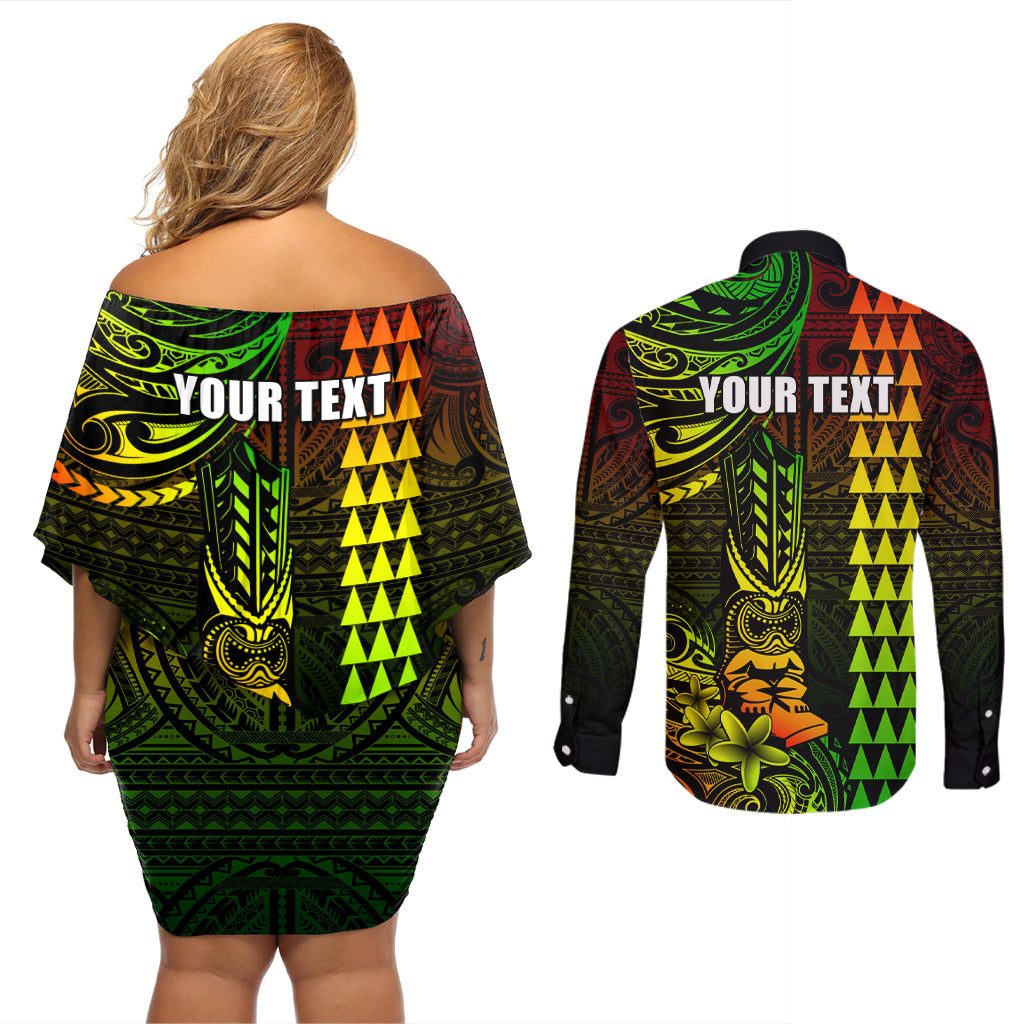 Personalized Hawaii Hauoli Makahiki Hou Couples Matching Off Shoulder Short Dress and Long Sleeve Button Shirts Lono Hawaiian God Kakau Polynesian Tribal Reggae LT05 - Polynesian Pride