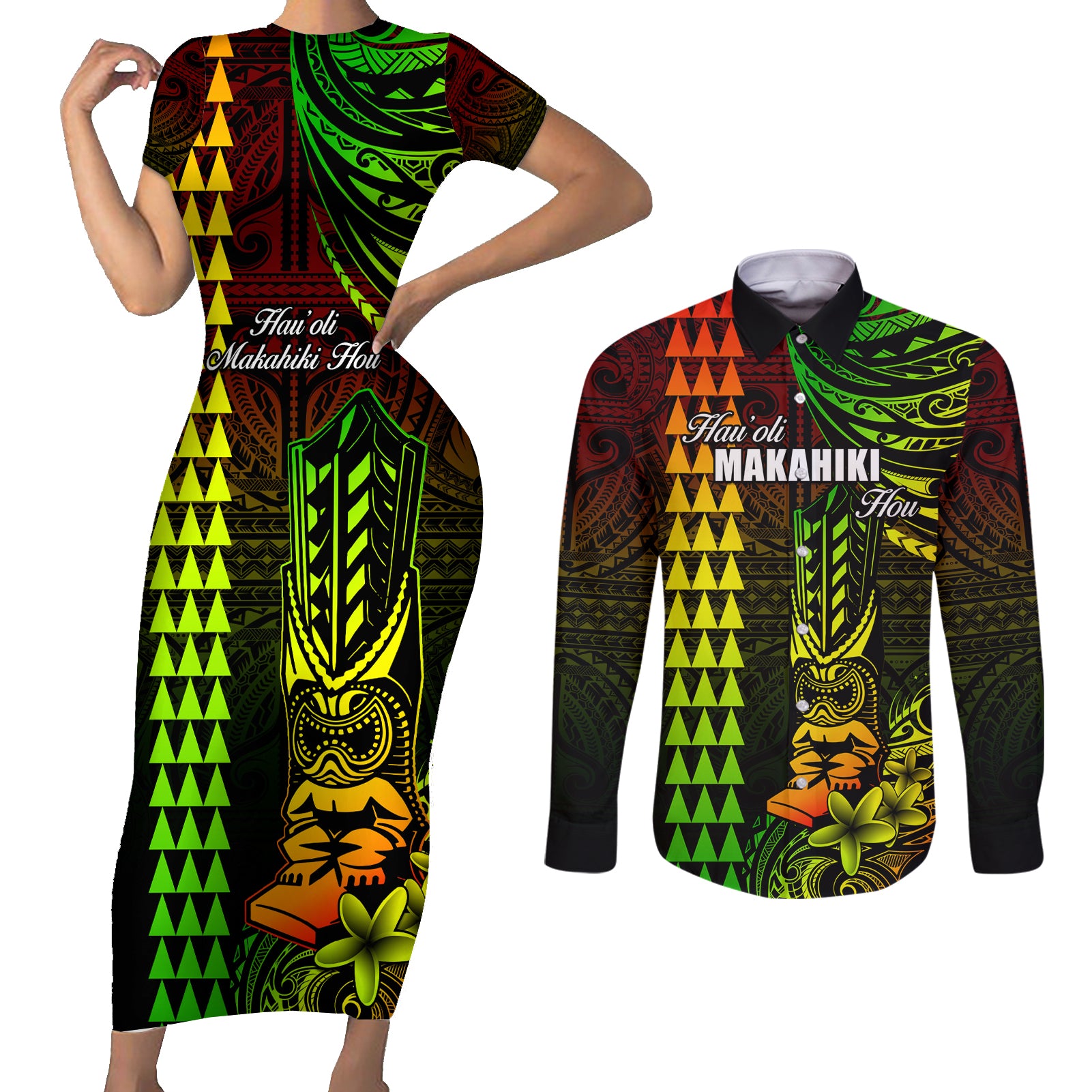 Personalized Hawaii Hauoli Makahiki Hou Couples Matching Short Sleeve Bodycon Dress and Long Sleeve Button Shirts Lono Hawaiian God Kakau Polynesian Tribal Reggae LT05 Reggae - Polynesian Pride
