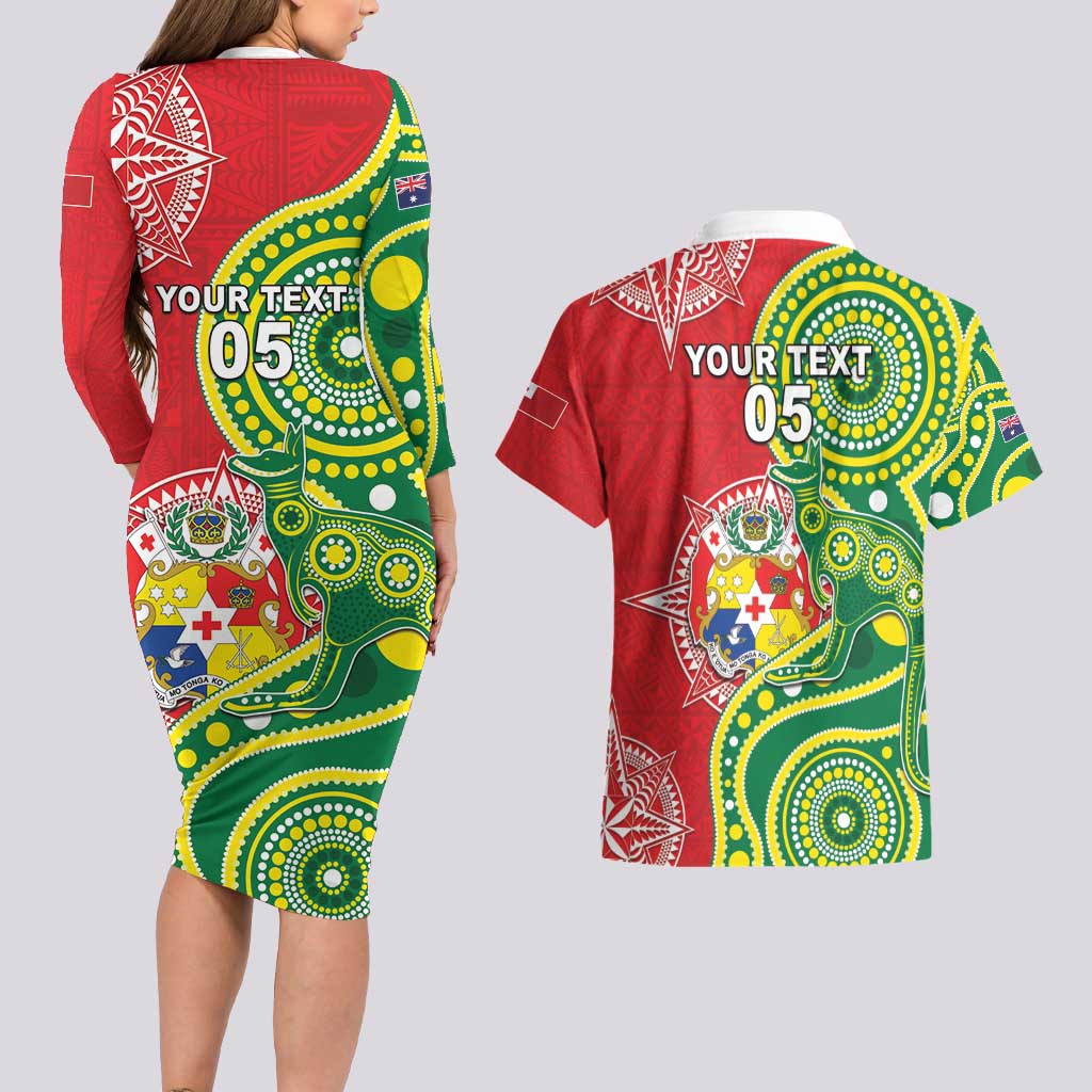 Custom Tonga Australia Rugby Couples Matching Long Sleeve Bodycon Dress and Hawaiian Shirt Kangaroos And Tonga Mate Maa Together LT05 - Polynesian Pride