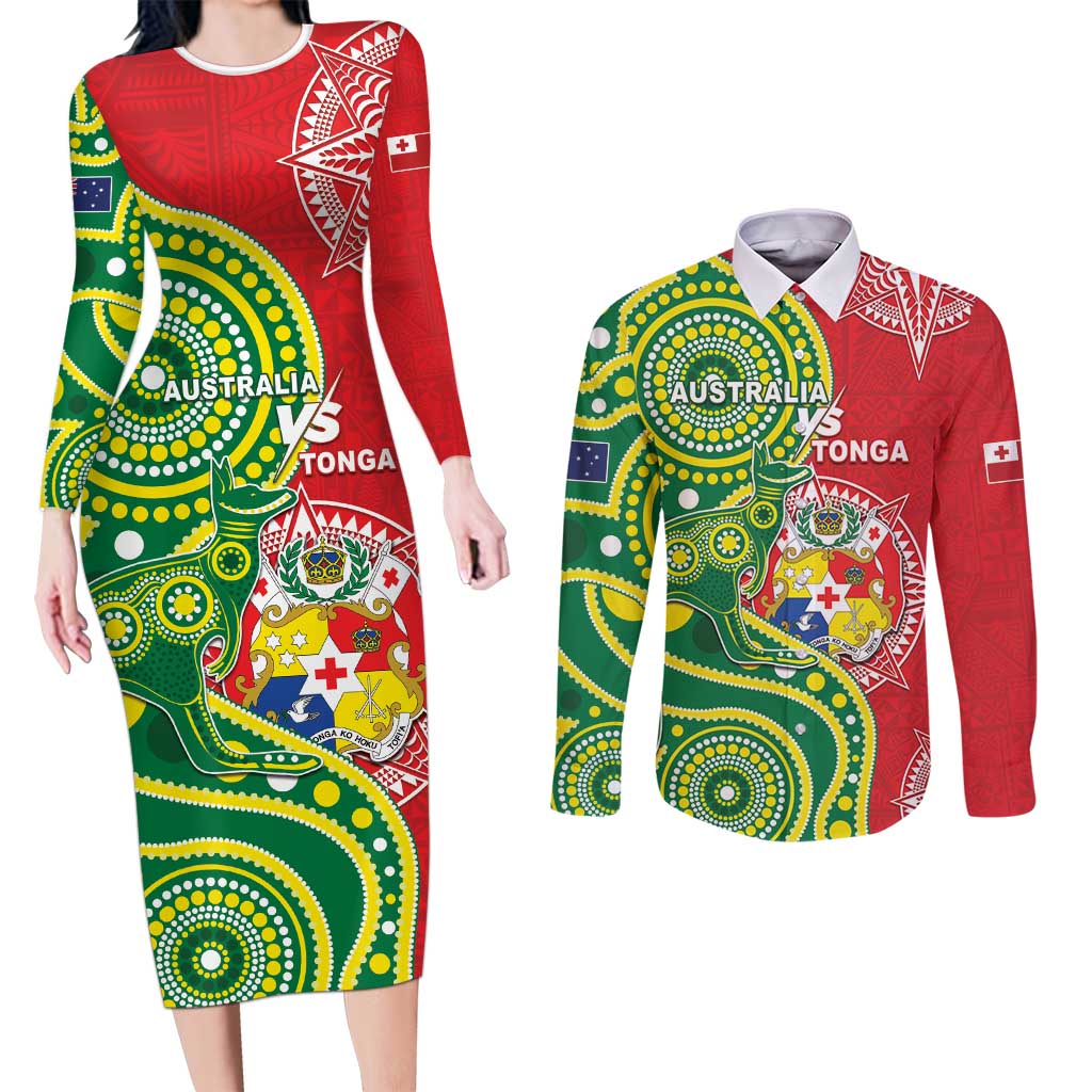 Custom Tonga Australia Rugby Couples Matching Long Sleeve Bodycon Dress and Long Sleeve Button Shirt Kangaroos And Tonga Mate Maa Together LT05 Green - Polynesian Pride
