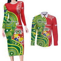 Custom Tonga Australia Rugby Couples Matching Long Sleeve Bodycon Dress and Long Sleeve Button Shirt Kangaroos And Tonga Mate Maa Together LT05 Green - Polynesian Pride