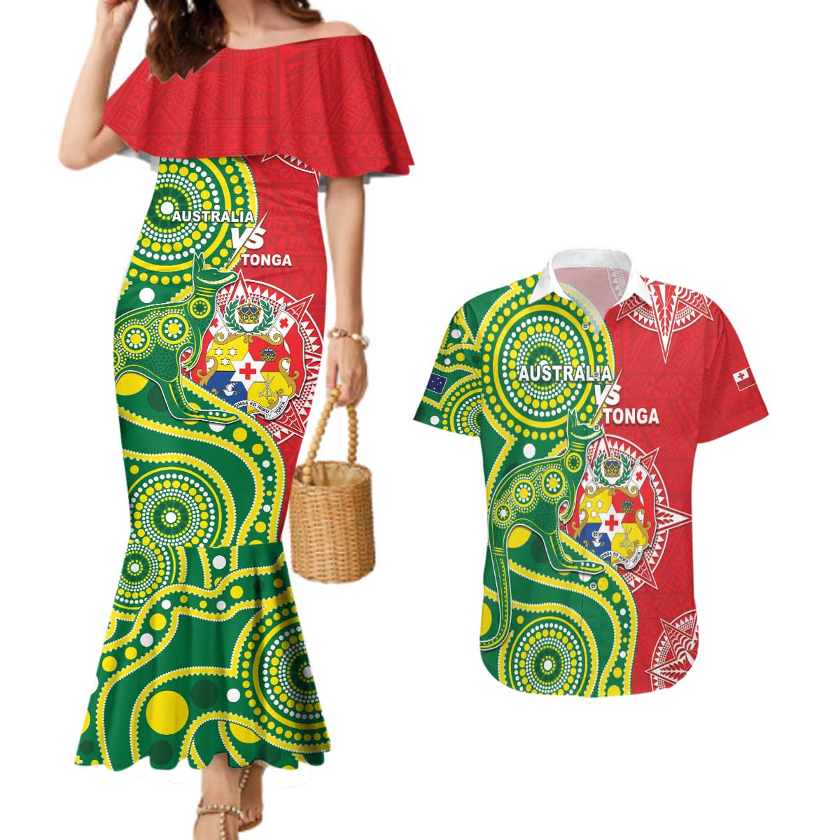 Custom Tonga Australia Rugby Couples Matching Mermaid Dress and Hawaiian Shirt Kangaroos And Tonga Mate Maa Together LT05 Green - Polynesian Pride