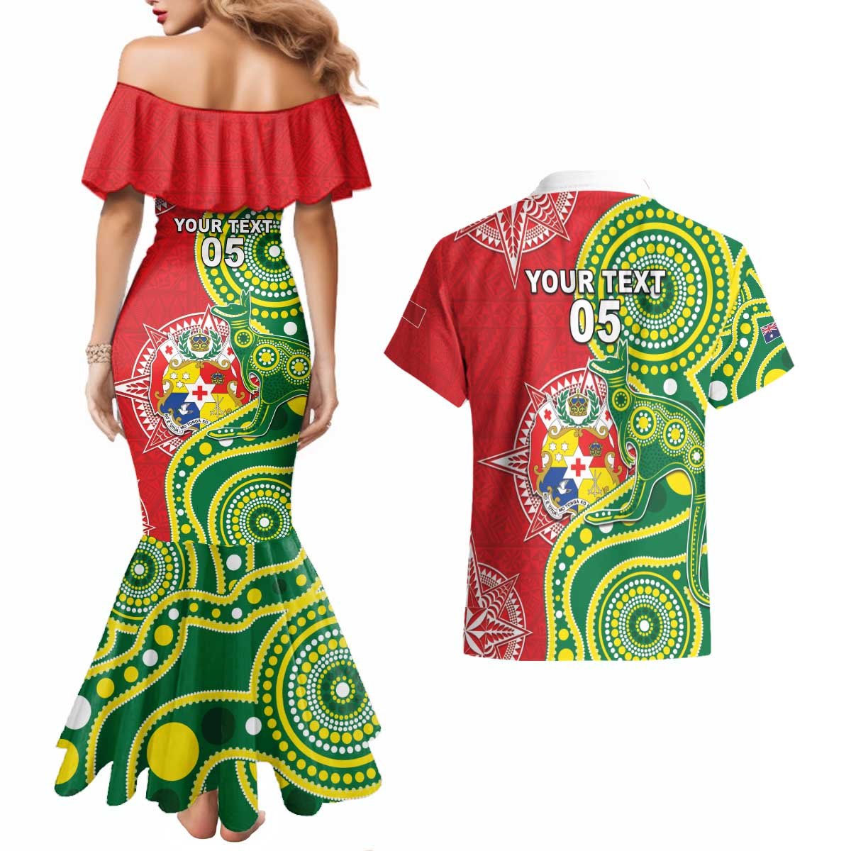 Custom Tonga Australia Rugby Couples Matching Mermaid Dress and Hawaiian Shirt Kangaroos And Tonga Mate Maa Together LT05 - Polynesian Pride