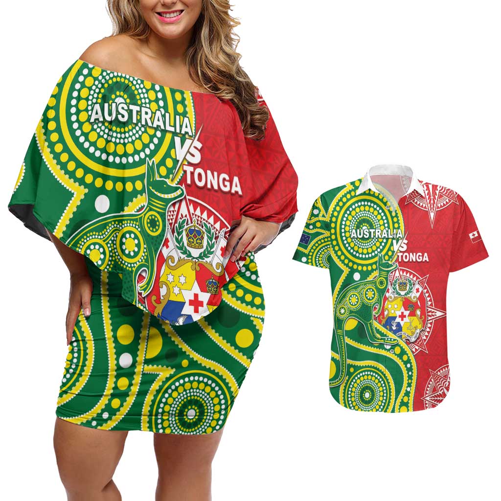 Custom Tonga Australia Rugby Couples Matching Off Shoulder Short Dress and Hawaiian Shirt Kangaroos And Tonga Mate Maa Together LT05 Green - Polynesian Pride