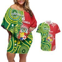 Custom Tonga Australia Rugby Couples Matching Off Shoulder Short Dress and Hawaiian Shirt Kangaroos And Tonga Mate Maa Together LT05 Green - Polynesian Pride