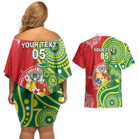 Custom Tonga Australia Rugby Couples Matching Off Shoulder Short Dress and Hawaiian Shirt Kangaroos And Tonga Mate Maa Together LT05 - Polynesian Pride
