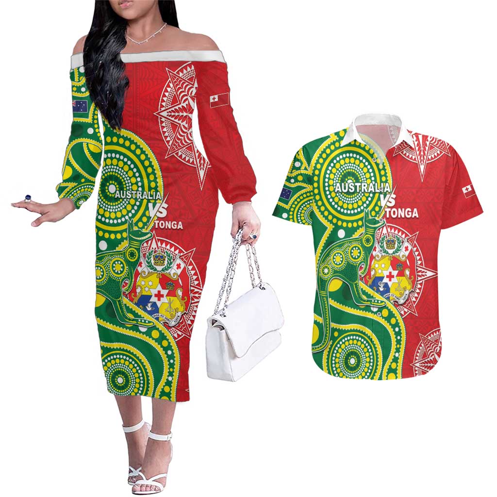 Custom Tonga Australia Rugby Couples Matching Off The Shoulder Long Sleeve Dress and Hawaiian Shirt Kangaroos And Tonga Mate Maa Together LT05 Green - Polynesian Pride