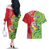 Custom Tonga Australia Rugby Couples Matching Off The Shoulder Long Sleeve Dress and Hawaiian Shirt Kangaroos And Tonga Mate Maa Together LT05 - Polynesian Pride