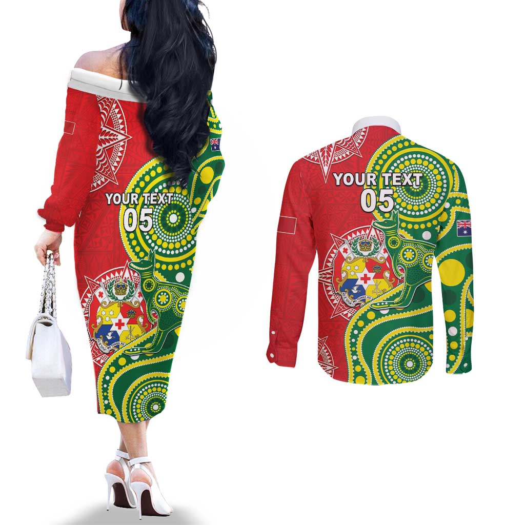 Custom Tonga Australia Rugby Couples Matching Off The Shoulder Long Sleeve Dress and Long Sleeve Button Shirt Kangaroos And Tonga Mate Maa Together LT05 - Polynesian Pride