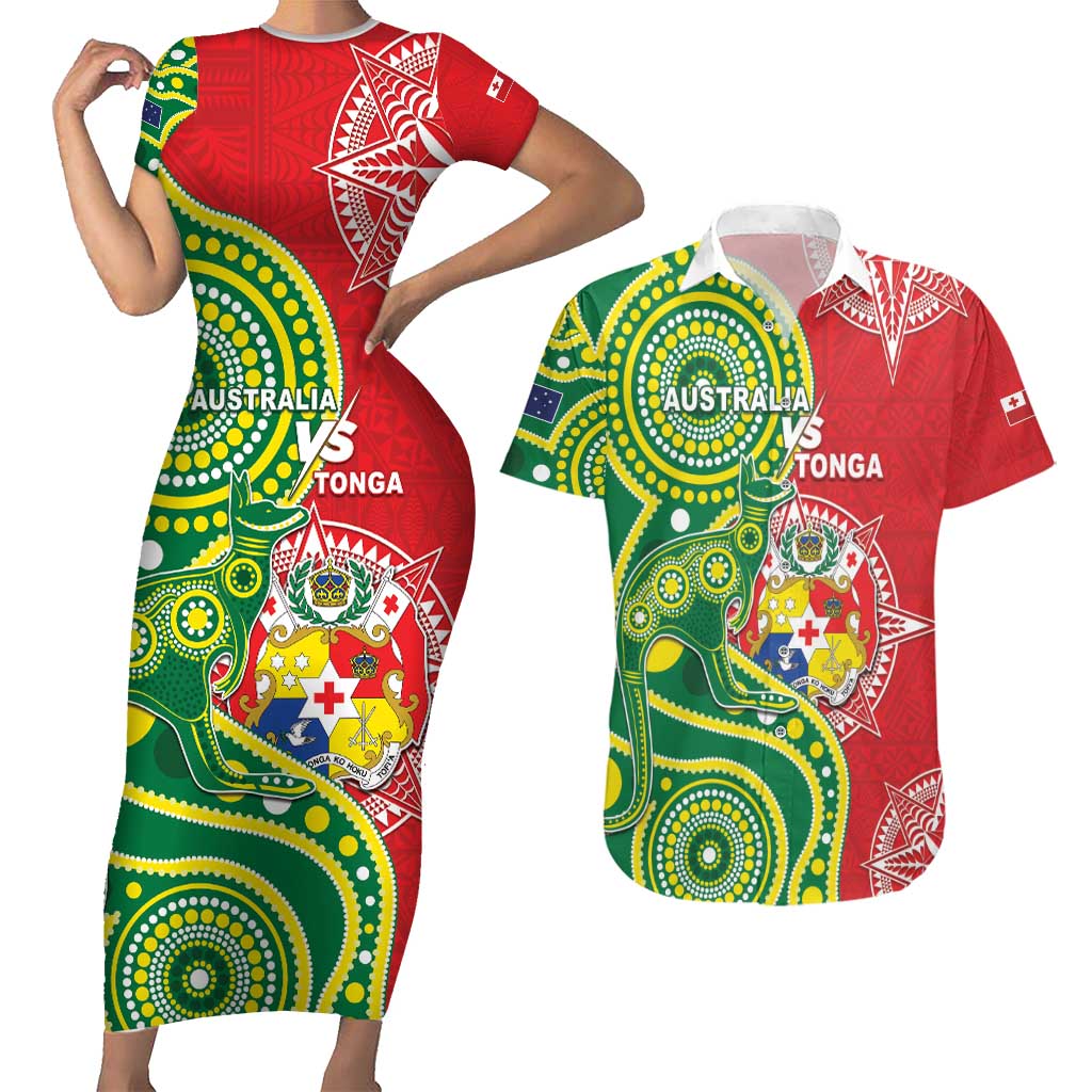 Custom Tonga Australia Rugby Couples Matching Short Sleeve Bodycon Dress and Hawaiian Shirt Kangaroos And Tonga Mate Maa Together LT05 Green - Polynesian Pride