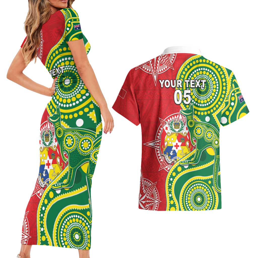 Custom Tonga Australia Rugby Couples Matching Short Sleeve Bodycon Dress and Hawaiian Shirt Kangaroos And Tonga Mate Maa Together LT05 - Polynesian Pride