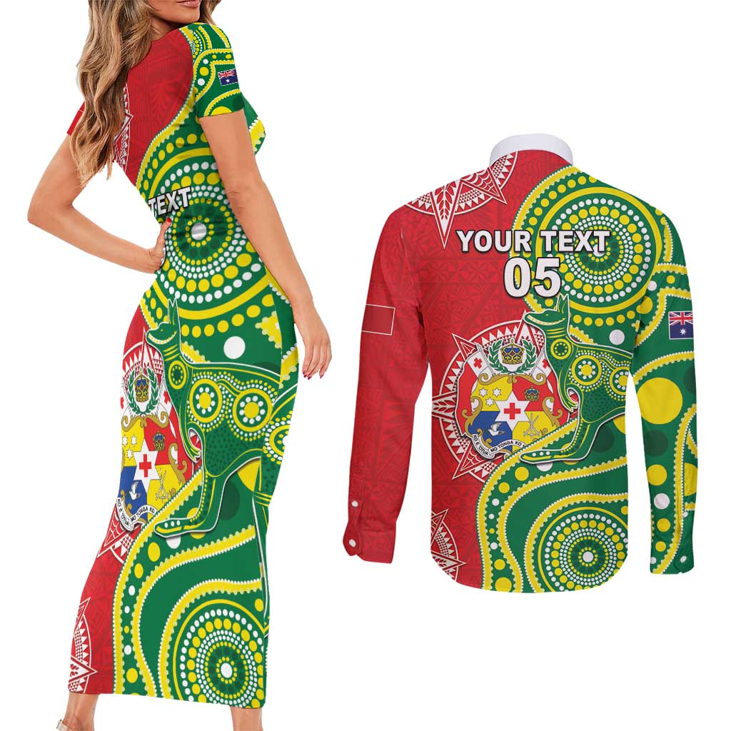 Custom Tonga Australia Rugby Couples Matching Short Sleeve Bodycon Dress and Long Sleeve Button Shirt Kangaroos And Tonga Mate Maa Together LT05 - Polynesian Pride