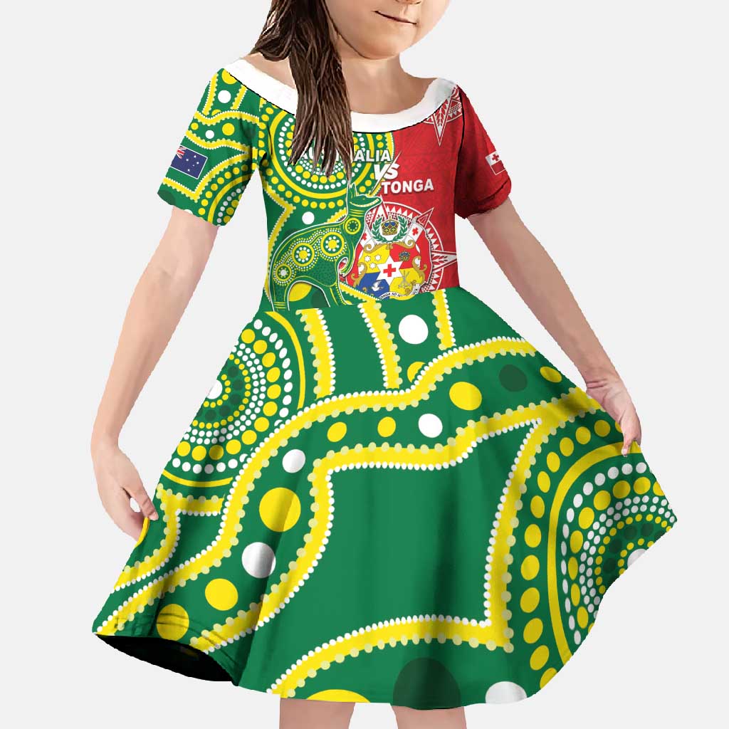 Custom Tonga Australia Rugby Family Matching Long Sleeve Bodycon Dress and Hawaiian Shirt Kangaroos And Tonga Mate Maa Together LT05 Daughter's Dress Green - Polynesian Pride