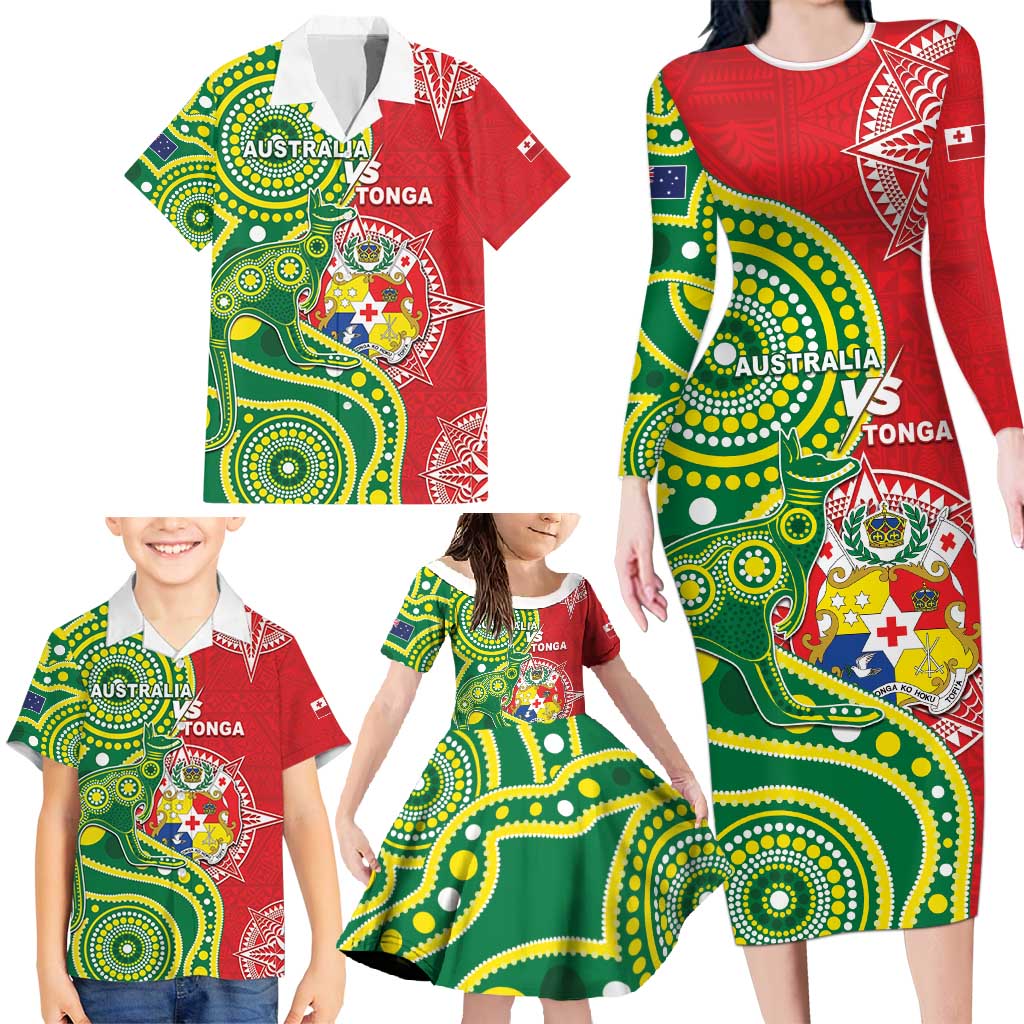 Custom Tonga Australia Rugby Family Matching Long Sleeve Bodycon Dress and Hawaiian Shirt Kangaroos And Tonga Mate Maa Together LT05 - Polynesian Pride