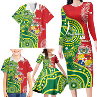 Custom Tonga Australia Rugby Family Matching Long Sleeve Bodycon Dress and Hawaiian Shirt Kangaroos And Tonga Mate Maa Together LT05 - Polynesian Pride