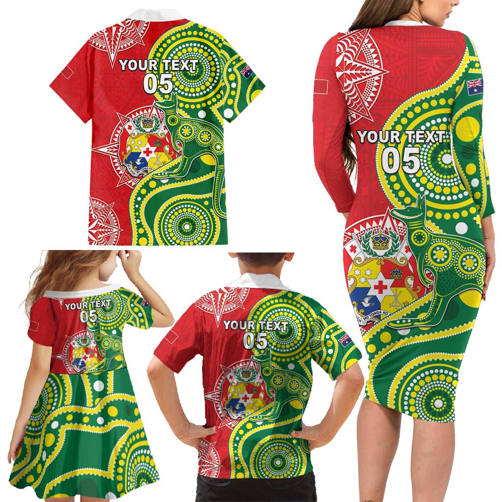 Custom Tonga Australia Rugby Family Matching Long Sleeve Bodycon Dress and Hawaiian Shirt Kangaroos And Tonga Mate Maa Together LT05 - Polynesian Pride