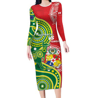 Custom Tonga Australia Rugby Family Matching Long Sleeve Bodycon Dress and Hawaiian Shirt Kangaroos And Tonga Mate Maa Together LT05 Mom's Dress Green - Polynesian Pride