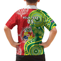Custom Tonga Australia Rugby Family Matching Off The Shoulder Long Sleeve Dress and Hawaiian Shirt Kangaroos And Tonga Mate Maa Together LT05 - Polynesian Pride