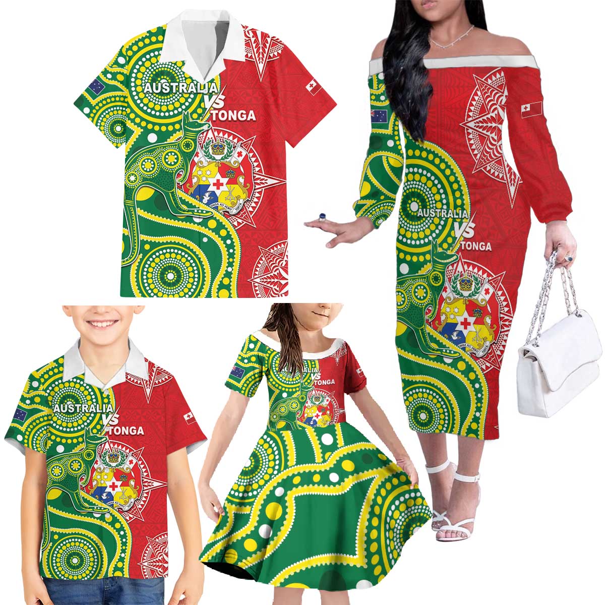 Custom Tonga Australia Rugby Family Matching Off The Shoulder Long Sleeve Dress and Hawaiian Shirt Kangaroos And Tonga Mate Maa Together LT05 - Polynesian Pride