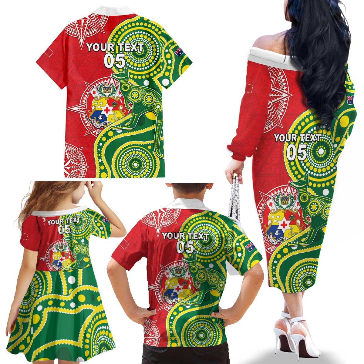 Custom Tonga Australia Rugby Family Matching Off The Shoulder Long Sleeve Dress and Hawaiian Shirt Kangaroos And Tonga Mate Maa Together LT05 - Polynesian Pride