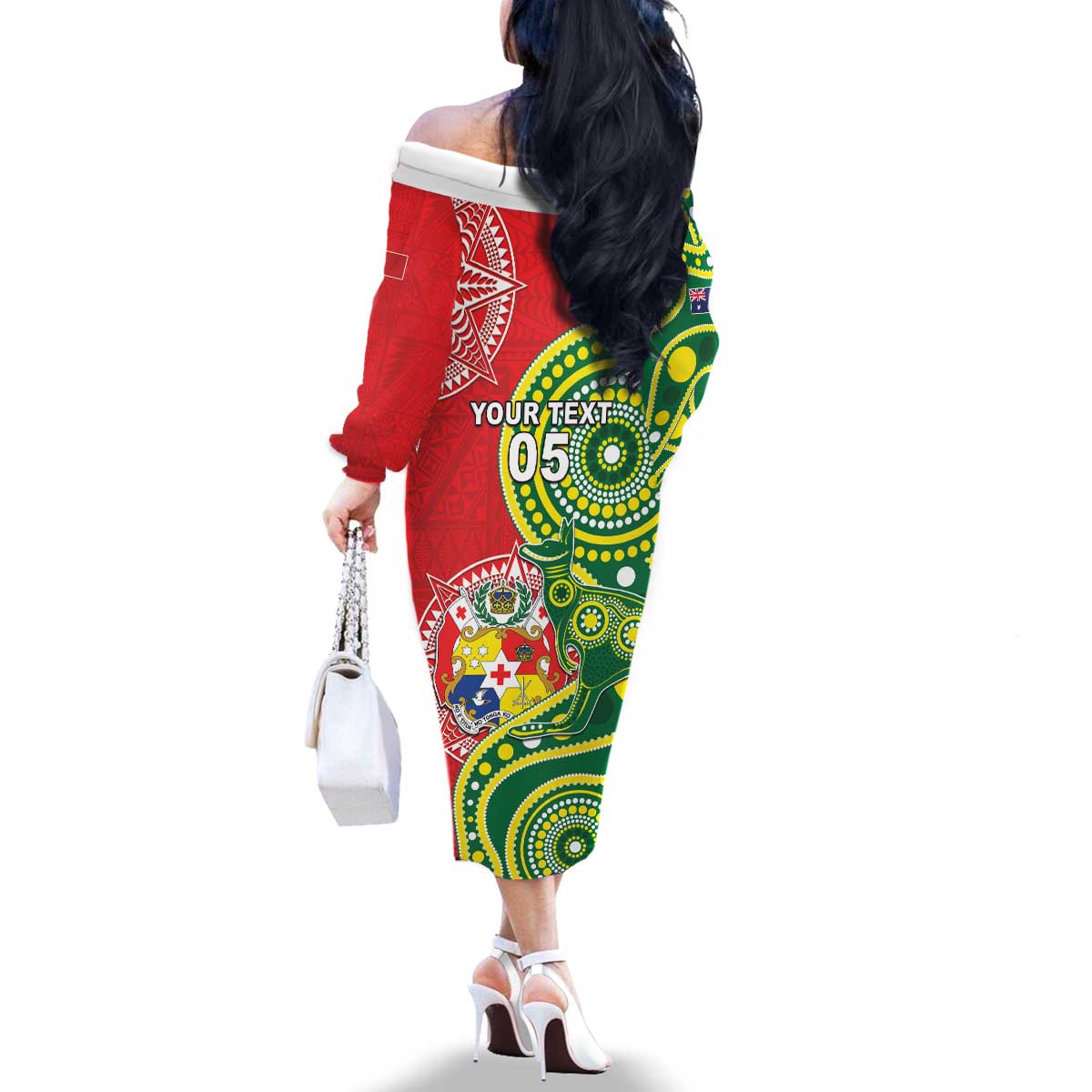 Custom Tonga Australia Rugby Family Matching Off The Shoulder Long Sleeve Dress and Hawaiian Shirt Kangaroos And Tonga Mate Maa Together LT05 - Polynesian Pride