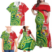 Custom Tonga Australia Rugby Family Matching Off Shoulder Maxi Dress and Hawaiian Shirt Kangaroos And Tonga Mate Maa Together LT05 - Polynesian Pride