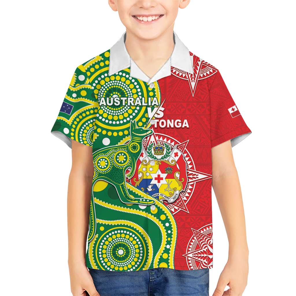Custom Tonga Australia Rugby Family Matching Off Shoulder Maxi Dress and Hawaiian Shirt Kangaroos And Tonga Mate Maa Together LT05 Son's Shirt Green - Polynesian Pride