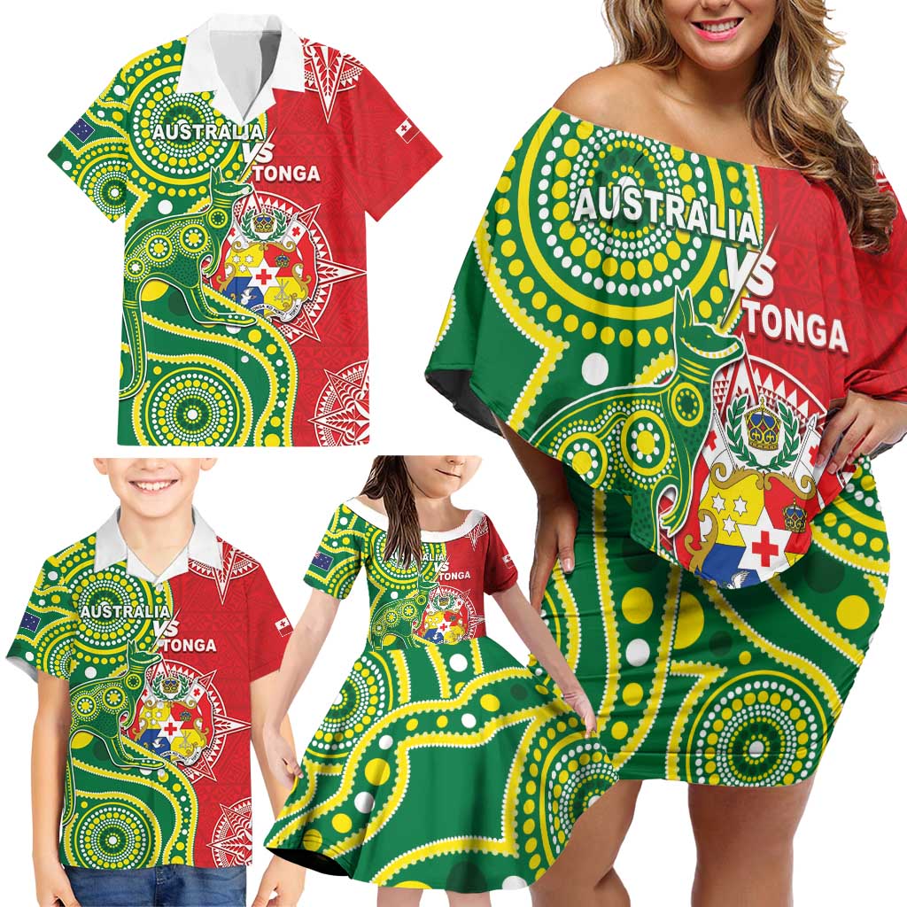 Custom Tonga Australia Rugby Family Matching Off Shoulder Short Dress and Hawaiian Shirt Kangaroos And Tonga Mate Maa Together LT05 - Polynesian Pride