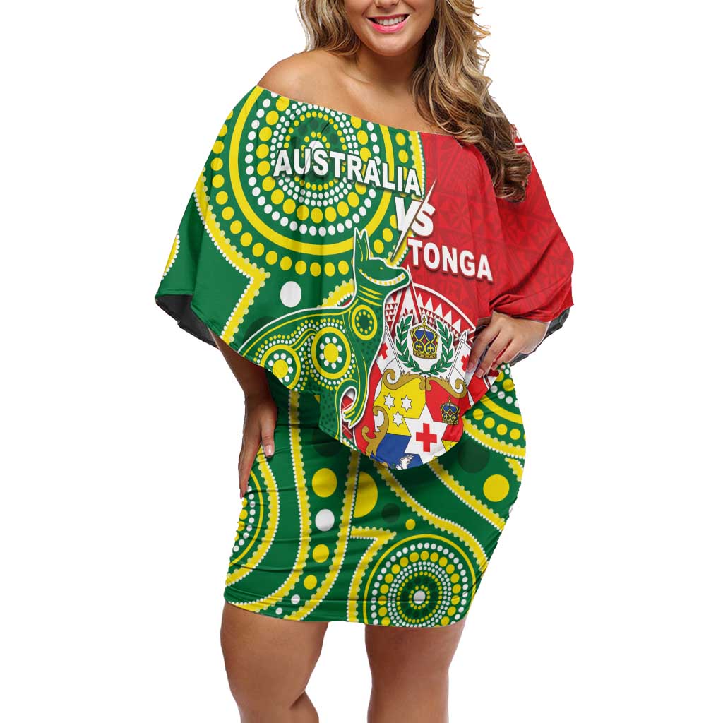 Custom Tonga Australia Rugby Family Matching Off Shoulder Short Dress and Hawaiian Shirt Kangaroos And Tonga Mate Maa Together LT05 Mom's Dress Green - Polynesian Pride