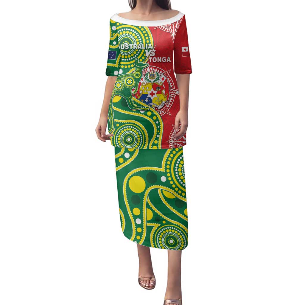 Custom Tonga Australia Rugby Family Matching Puletasi and Hawaiian Shirt Kangaroos And Tonga Mate Maa Together LT05 Mom's Dress Green - Polynesian Pride