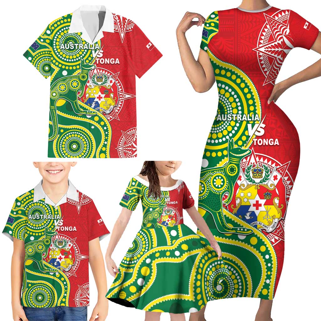 Custom Tonga Australia Rugby Family Matching Short Sleeve Bodycon Dress and Hawaiian Shirt Kangaroos And Tonga Mate Maa Together LT05 - Polynesian Pride