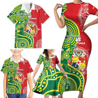 Custom Tonga Australia Rugby Family Matching Short Sleeve Bodycon Dress and Hawaiian Shirt Kangaroos And Tonga Mate Maa Together LT05 - Polynesian Pride