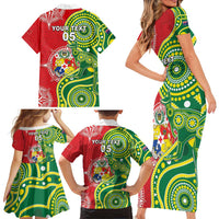 Custom Tonga Australia Rugby Family Matching Short Sleeve Bodycon Dress and Hawaiian Shirt Kangaroos And Tonga Mate Maa Together LT05 - Polynesian Pride