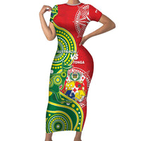 Custom Tonga Australia Rugby Family Matching Short Sleeve Bodycon Dress and Hawaiian Shirt Kangaroos And Tonga Mate Maa Together LT05 Mom's Dress Green - Polynesian Pride