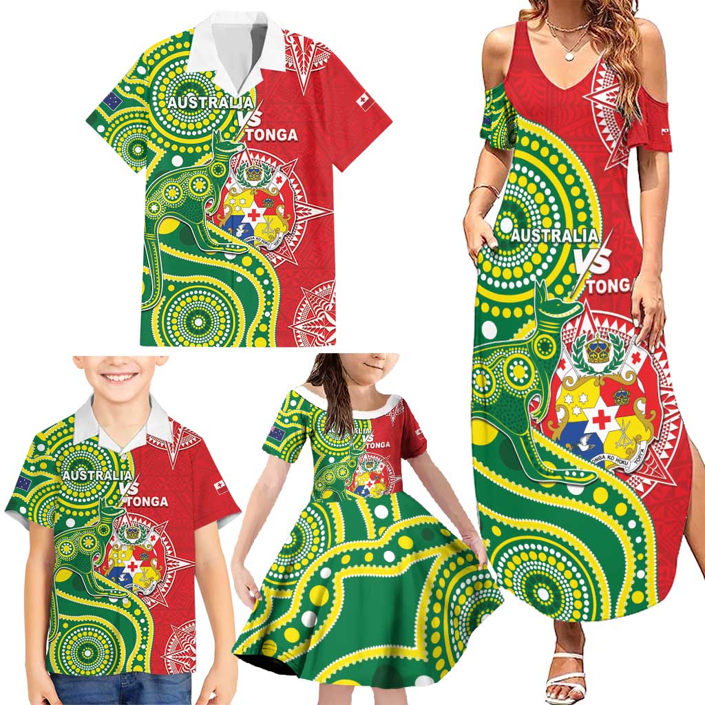 Custom Tonga Australia Rugby Family Matching Summer Maxi Dress and Hawaiian Shirt Kangaroos And Tonga Mate Maa Together LT05 - Polynesian Pride