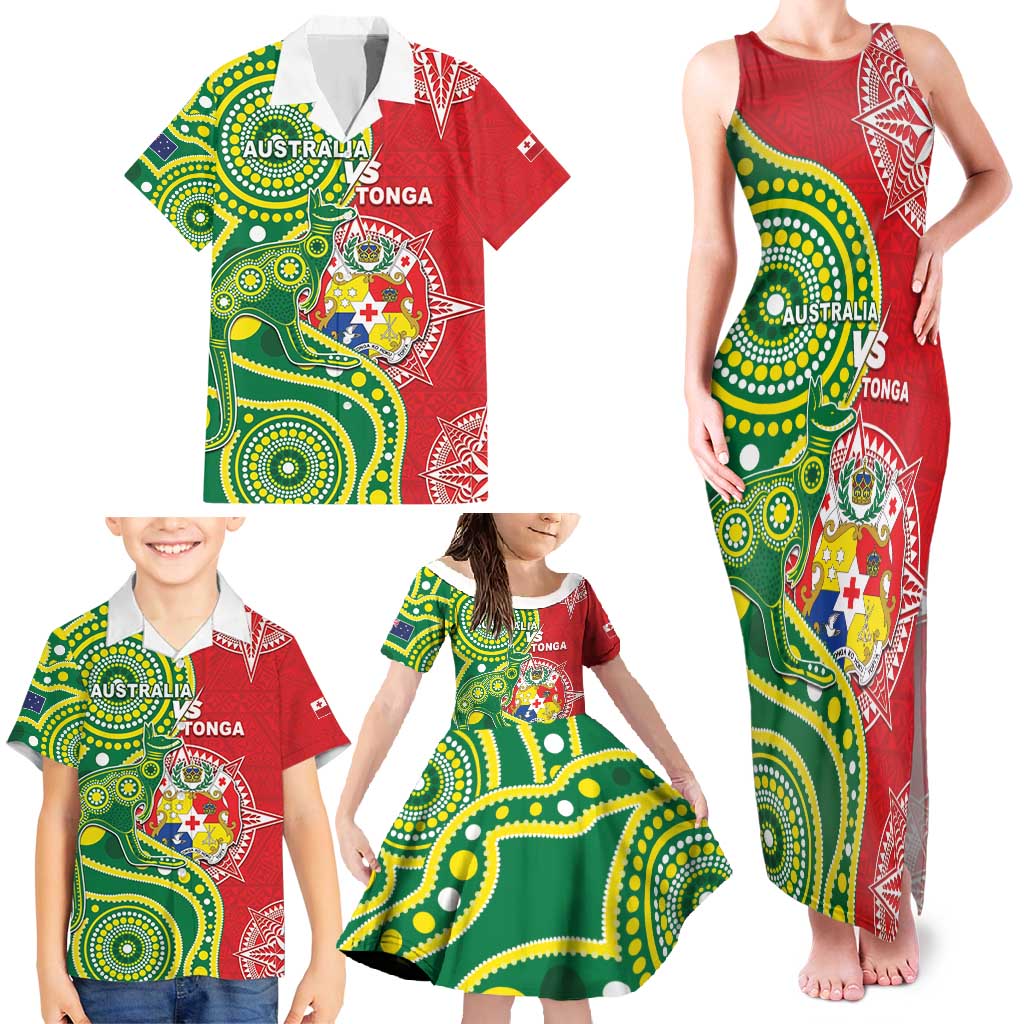Custom Tonga Australia Rugby Family Matching Tank Maxi Dress and Hawaiian Shirt Kangaroos And Tonga Mate Maa Together LT05 - Polynesian Pride