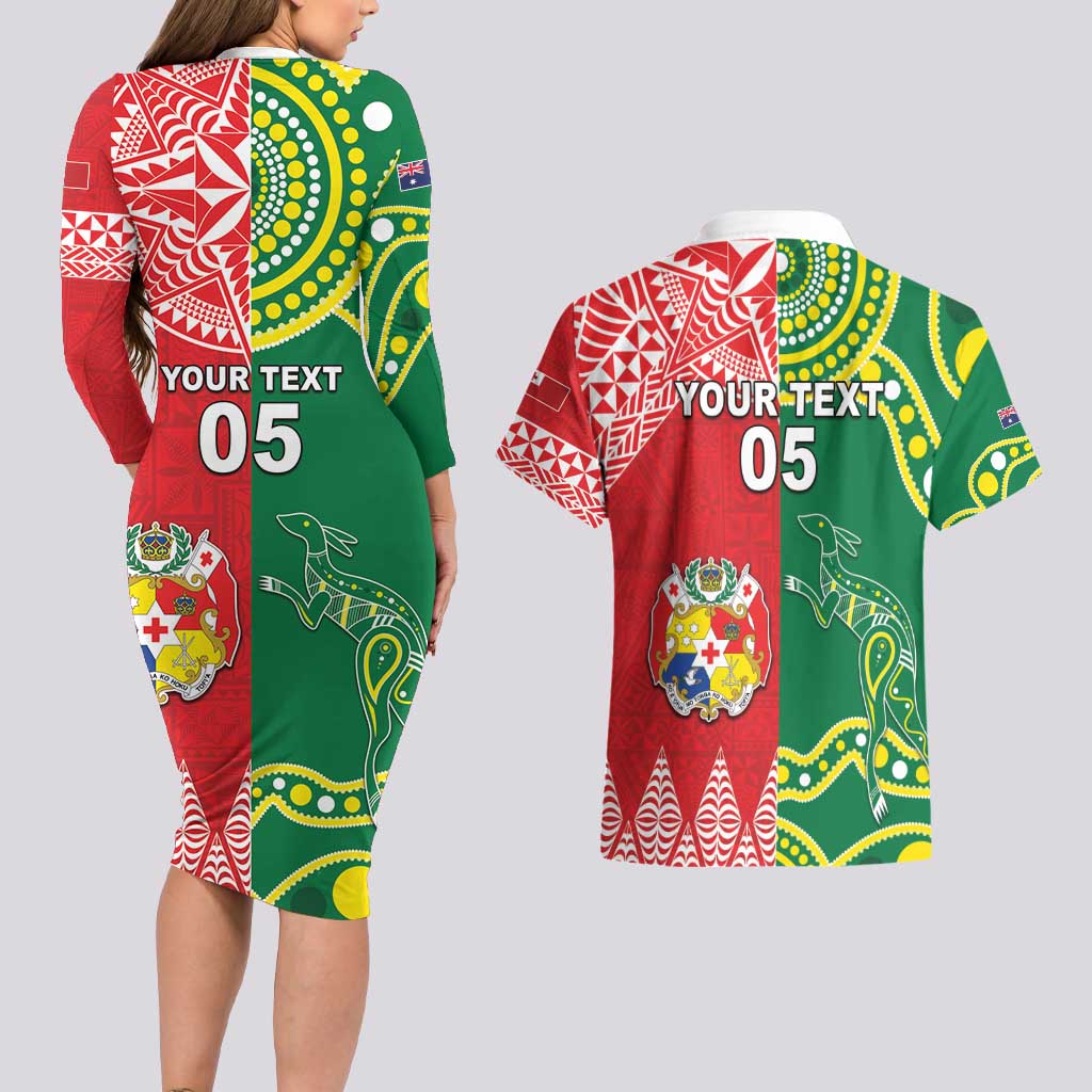 Custom Tonga XIII And Australia Kangaroos Couples Matching Long Sleeve Bodycon Dress and Hawaiian Shirt Mate Maa Tongan Ngatu With Aboriginal LT05 - Polynesian Pride